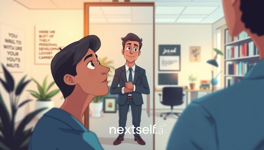 A reflective person in a softly lit office looking thoughtfully into a large mirror.
