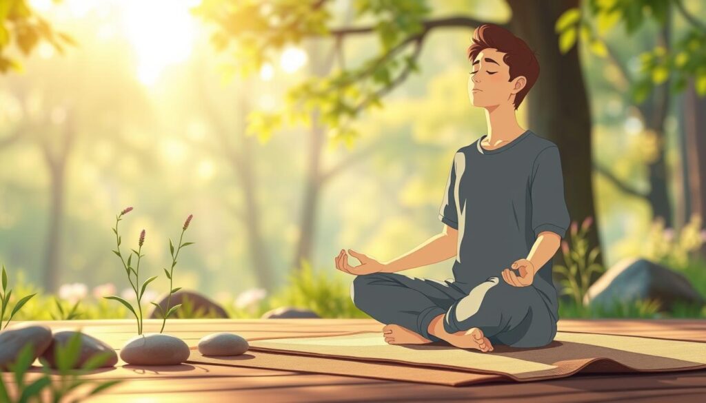 A person sitting cross-legged in soft golden-hour light, eyes closed in calm meditation.